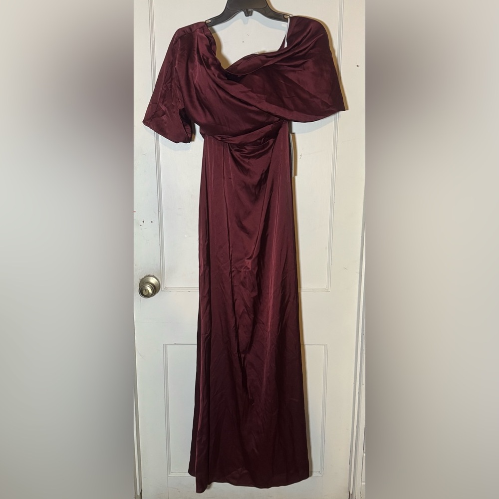 NWT Burgundy Satin Off-Shoulder Corset-Back Maxi Gown Sz 9, A-Line Formal, Wine